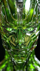 A green, metallic face with glowing eyes. The face is made of glass and has a futuristic look to it