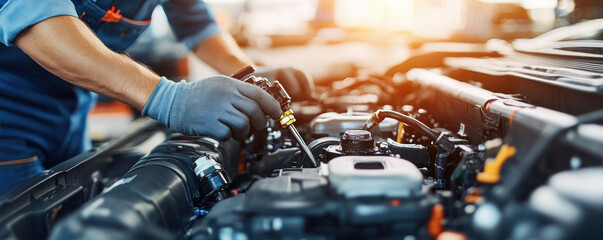 Poster - A mechanic is working on a car engine. Concept of precision and expertise as the mechanic carefully inspects and repairs the engine. The focus on the mechanic's hands
