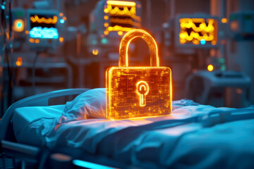 glowing padlock icon hovering over hospital bed soft blue tones subtle medical equipment in background digital security concept in healthcare setting.