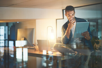 Aufkleber - Business, office and happy man on tablet at night for research project, online website and internet. Professional, startup and worker on digital tech working late for planning, networking and email