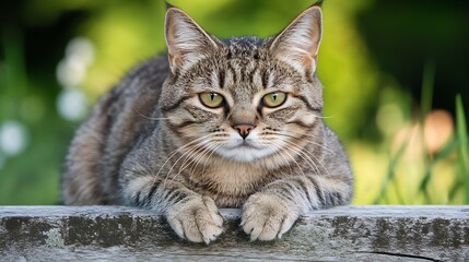 Poster - Alert Tabby Cat Resting on Wooden Surface in Vibrant Green Garden : Generative AI