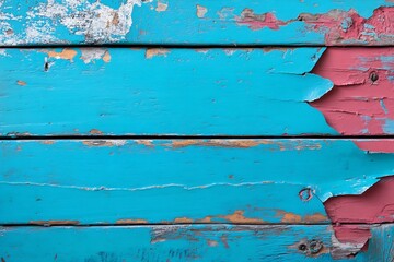 Aufkleber - Rustic Turquoise Wood Planks with Peeling Paint and Exposed Red Layer : Generative AI