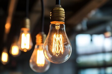 Aufkleber - Close up of illuminated Edison bulb with visible filament in cozy vibrant interior setting : Generative AI