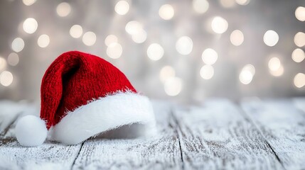 Poster - Santa Hat Resting on Rustic Wooden Surface with Twinkling Fairy Lights : Generative AI