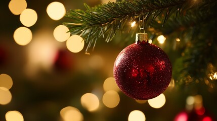 Aufkleber - CloseUp of Red Christmas Ball Ornament with Warm Lights on Tree for Festive Celebration : Generative AI