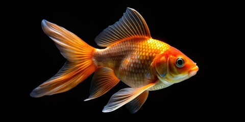 Goldfish swimming in a dark black background, Goldfish, isolated, swim, underwater, dark, aquatic, pet, animal, colorful