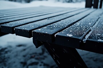 Poster - Snow Covered Wooden Table Creating Serene Winter Atmosphere Outdoors : Generative AI