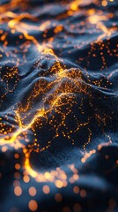 Poster - digital landscape with illuminated particles on dark waves