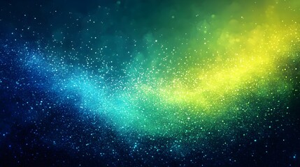 Poster - An abstract cosmic background with a gradient of blue, green, and yellow colors, creating a dreamy atmosphere filled with sparkling particles.