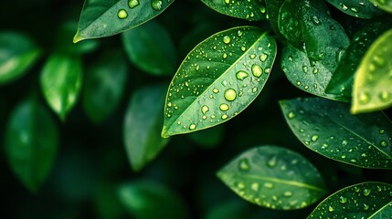 Aufkleber - Dark Green Leaves with Water Droplets Depicting a Refreshing Rainy Nature Scene : Generative AI