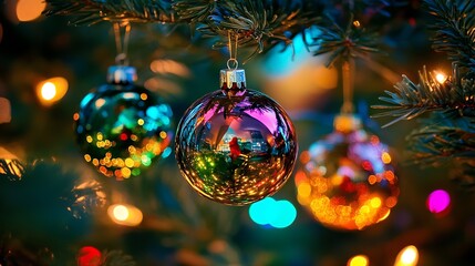 Aufkleber - Vibrant Festive Christmas Tree Ornaments with Colorful Lighting for Holiday Celebration : Generative AI