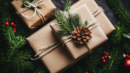 Aufkleber - Rustic Wrapped Holiday Gifts with Pinecones and Evergreen Branches on Dark Wooden Background : Generative AI