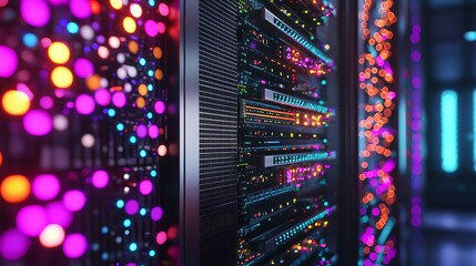 Poster - Vibrant server room with colorful lights representing data flow and digital infrastructure : Generative AI