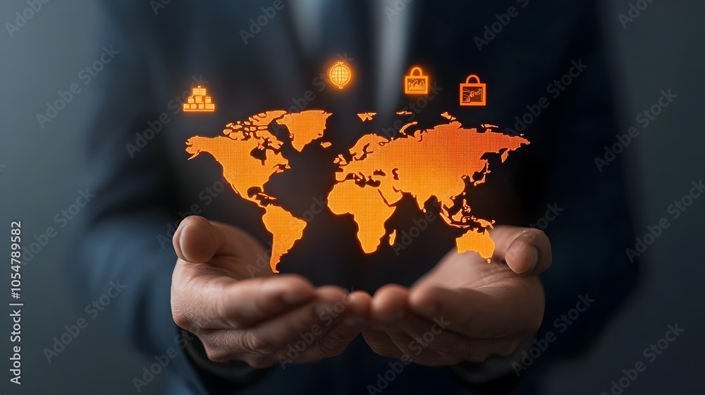 Hands Holding Glowing 3D World Map with Floating Financial Icons ...