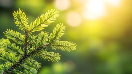 Poster - Vibrant Green Pine Tree Branch in Sunlit Forest with Bokeh Background : Generative AI