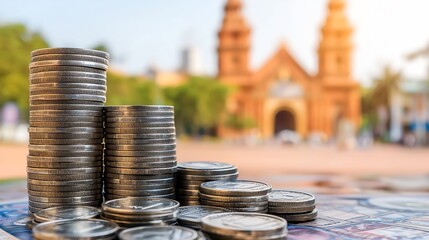 Poster - Stacks of Coins Reflecting Economic Growth Near Iconic Building : Generative AI