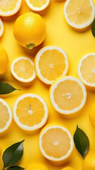 Canvas Print - Fresh lemons and lemon slices on a bright yellow background.