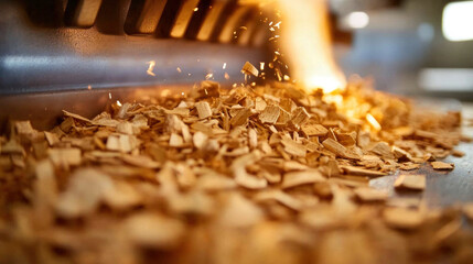 Poster - A pile of wood chips is being ground up by a machine. The wood chips are brown and the machine is producing sparks