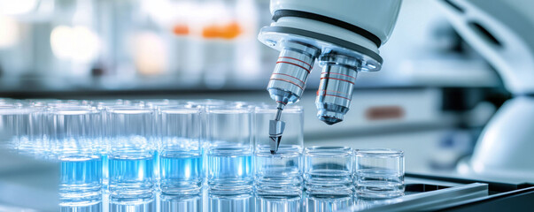 Poster - A robot is using a microscope to examine a series of test tubes. The tubes are filled with blue liquid, and the robot is carefully examining each one. Concept of precision and scientific inquiry
