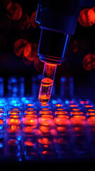 Poster - A microscope is focused on a small drop of liquid. The liquid is glowing in the dark, creating a mysterious and intriguing atmosphere