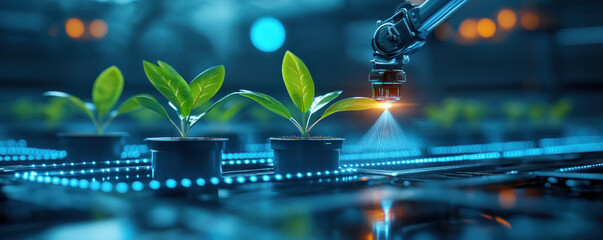 Poster - A robot is spraying water on a row of plants. The plants are green and are growing in a row. The robot is spraying water on the plants to help them grow