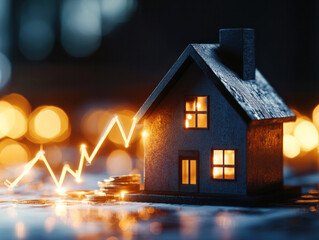 Poster - A house with a graph showing a rise in value. The house is surrounded by coins, which could represent wealth or prosperity. Concept of growth and success, as the house's value is increasing