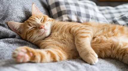 Poster - Adorable Ginger Cat Sleeping Peacefully on Cozy Grey Blanket : Generative AI