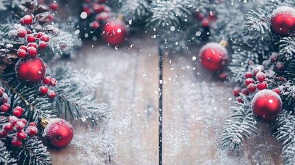 Aufkleber - Festive Holiday Background with Snow Covered Pine Branches and Red Christmas Ornaments on Rustic Wooden Surface : Generative AI