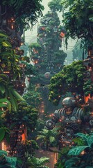 Illustrate a mesmerizing scene of a surreal urban jungle hosting a playful