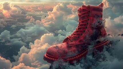 Poster - Red Boot in the Clouds: A Dreamy Journey