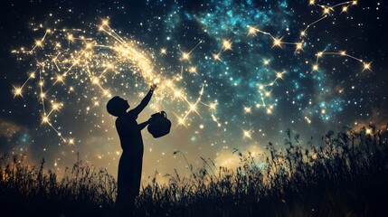 Wall Mural - Aquarius - Water Bearer Pouring Cosmic Water A celestial figure, symbolizing the Water Bearer, gracefully pours sparkling, flowing stardust from a vessel