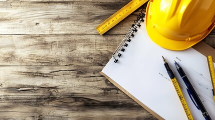 Poster - Construction Planning Workspace with Hard Hat and Tools on Rustic Wooden Table Top View : Generative AI