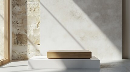 Aufkleber - Sunlit Natural Stone Pedestal in Minimalist Room with Soft Warm Lighting : Generative AI