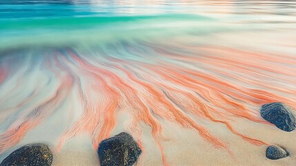 Poster - Tranquil Coastal Scene with Dynamic Sand and Water Flow at Sunset : Generative AI