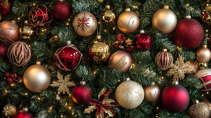 Aufkleber - Lush Christmas Tree Adorned with Gold and Red Baubles and Ornaments : Generative AI