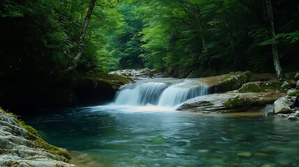 Poster - Tranquil Forest Waterfall in Serene Lush Green Woodland Captured on a Peaceful Day : Generative AI