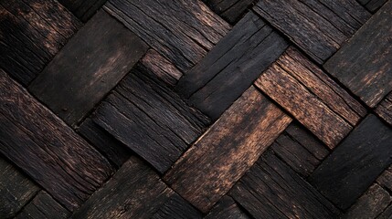 Fototapete - Dark weathered wooden texture background of interwoven wooden slats or panels : Generative AI