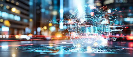 Poster - Exploring the digital success roadmap illuminating the future with floating neon graphs and futuristic visuals in a technologically advanced cityscape