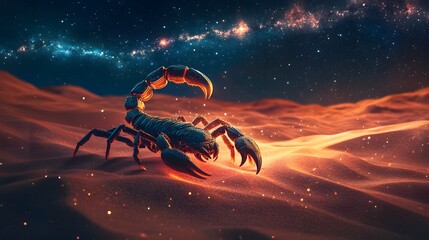 Wall Mural - Scorpio - Fierce Scorpion with a Fiery Stinger in a Cosmic Desert A fearsome, glowing scorpion with a fiery stinger stands in a surreal desert under a sky full of stars