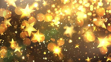 Wall Mural - shining golden stars with light effect glare bokeh on black background seamless looping overlay 4k v