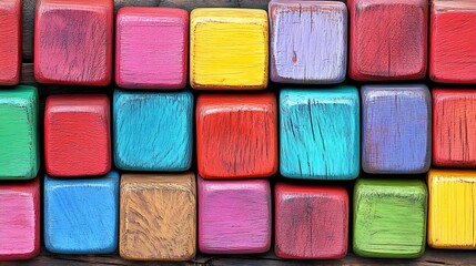 Aufkleber - Vibrant Colorful Wooden Blocks in an Assorted Grid Pattern Full of Bright Hues : Generative AI
