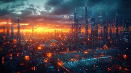 Poster - Futuristic city skyline at sunset with digital overlays.