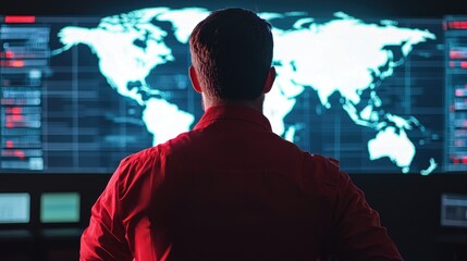 Poster - A person in a red jacket observes a digital world map on a screen, surrounded by data and analytics interfaces, indicating a high-tech monitoring environment.