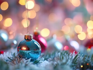 Aufkleber - Festive Christmas Baubles with Bokeh Lights on Snowy Pine Branches : Generative AI