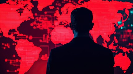 Poster - A silhouette of a person stands before a glowing red digital world map, conveying a sense of surveillance and global connectivity.