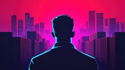 Poster - A silhouette of a person stands before a vibrant, neon cityscape, surrounded by dramatic pink and purple hues, evoking a futuristic atmosphere.