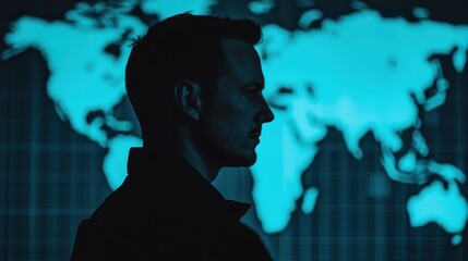 Poster - A silhouette of a man against a glowing map, evoking themes of exploration, technology, and global connectivity.