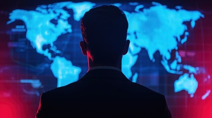 Poster - A silhouette of a person in a suit stands before a glowing world map, with vibrant blue and red lighting creating a dramatic atmosphere.