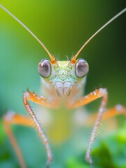 Poster - Macro of Vibrant Mantis Face with Intricate Details and Green Background : Generative AI