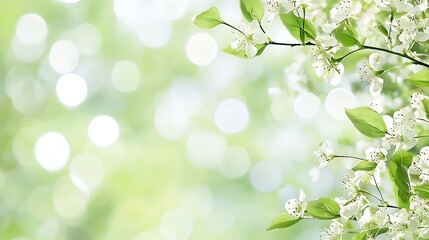 Poster - Delicate White Blossoms with Vibrant Green Leaves on a Soft Focus Bokeh Background : Generative AI